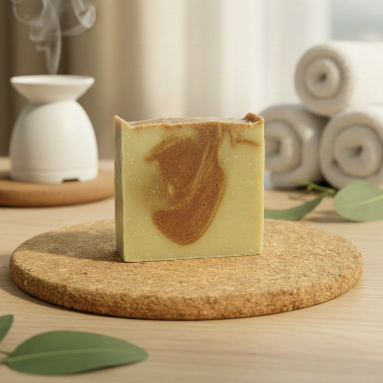 Bar of soap with a leaf design on a cork stand, with a diffuser and rolled towels in the background.