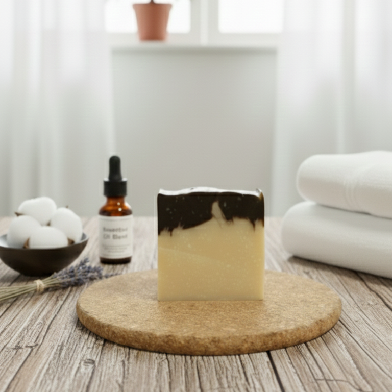 Bar of soap on a wooden stand with a bottle and a plant in the background