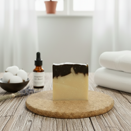 Bar of soap on a wooden stand with a bottle and a plant in the background