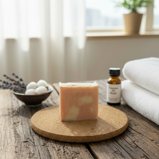 Bar of soap on a cork board with towels and a bottle in the background on a wooden surface.